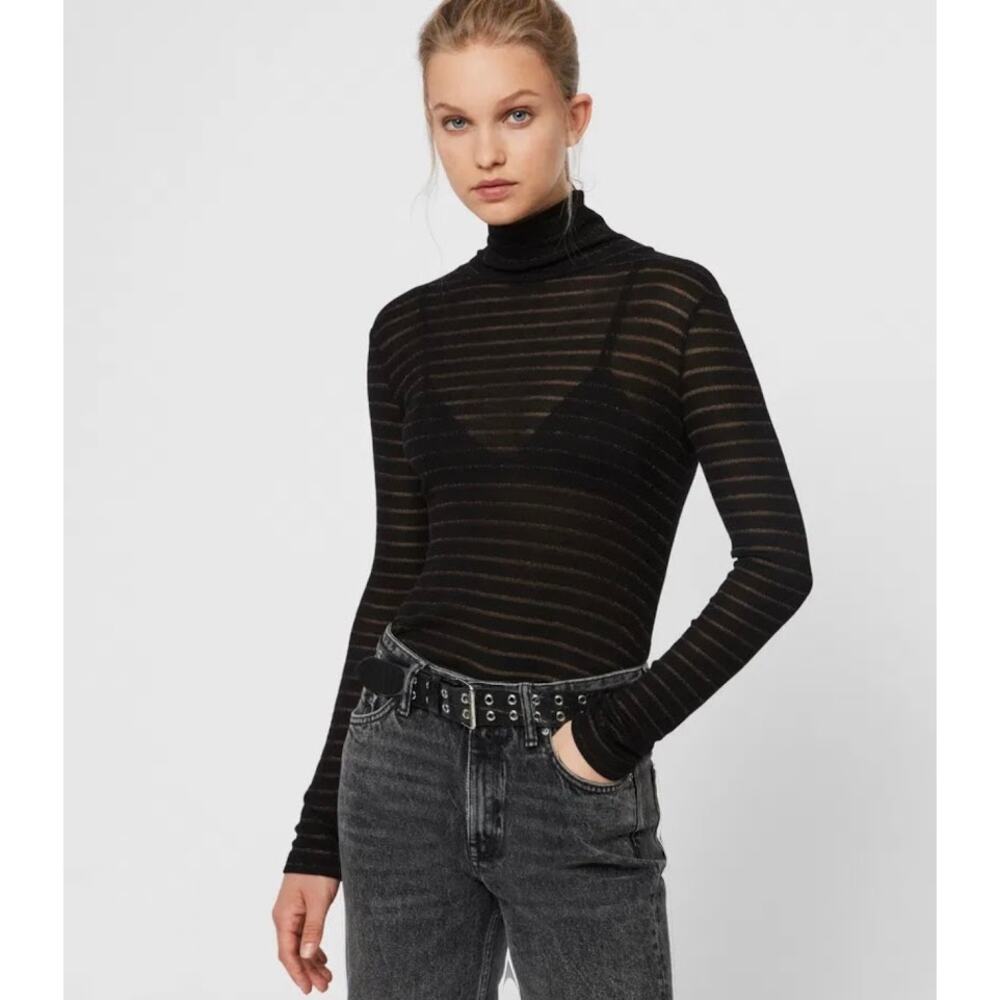 ALLSAINTS Esme Zandy Turtleneck Long Sleeve Sweater S Black Metallic Ribbed Knit